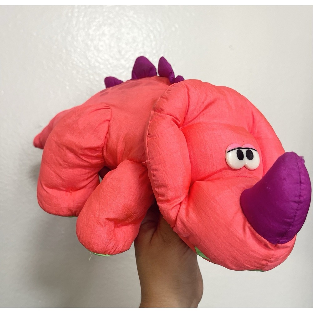 1992 Fisher Price Puffalump 15" Orange Dinosaur Triceratops Squeak Toy Plush